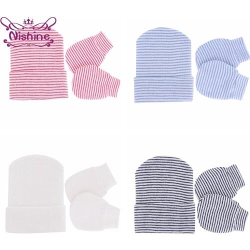 Comfortable Soft Knitting Cotton Hat and Glove Set Fashion Warm Striped Caps Newborn Anti-eat Hand Anti-Grab Face Protect Mitten