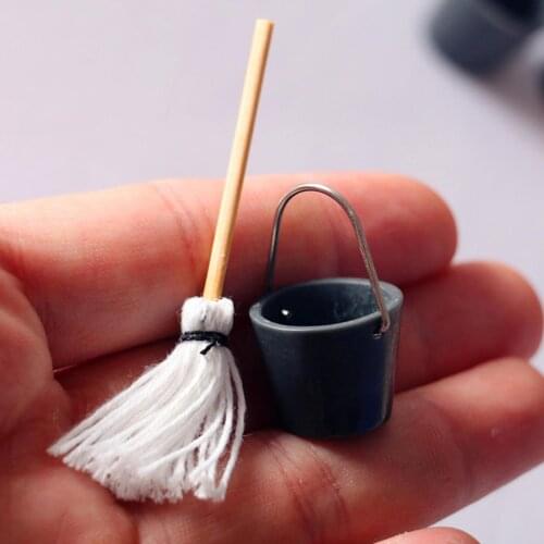 Miniature Life Simulation Bucket Mop Combination Dollhouse Decoration Accessory Children Toys Birthday Christmas New Year Gift