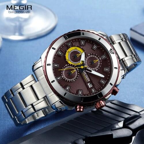 MEGIR Mens Formal Dress Quartz Watches Stainless Steel Strap Chronograph Wristwatch for Man Blue Dial Luminous Hands 2075G-10