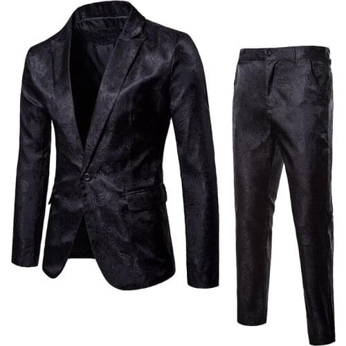 Mens Black Paisley Floral Suits With Pants 2020 Brand New Slim Fit 2pcs ( Blazer+Pants) Set Men Stage Singer Wedding Suit Jacket