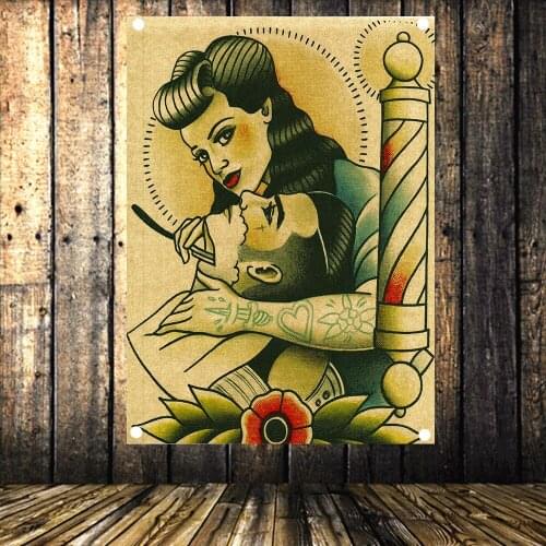 Retro tattoo haircut poster Banner Flag Music Poster Wall Hanging Tapestry Stickers HD Canvas Print Art Barber Shop Home Decor