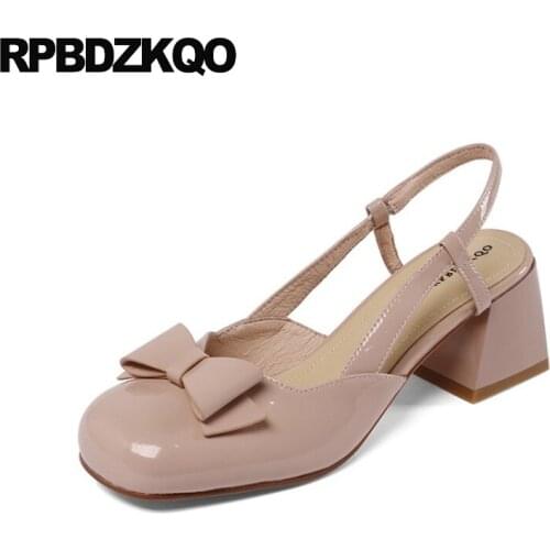 Sandals Pumps Pink Patent Leather Square Lolita Strap High Heels Block Cute Closed Toe Bowtie Women Shoes 2021 Spring Slingback