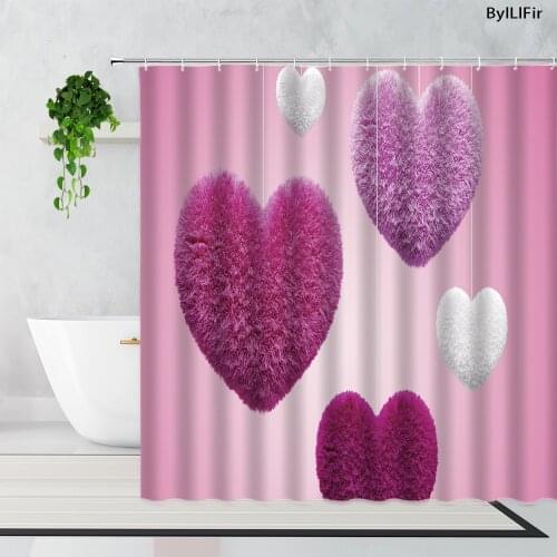 3D Pink Love Fabric Shower Curtains Beautiful Flowers Gift Girly Bathroom Decor Curtain Set Polyester With Hooks Bathtub Screen