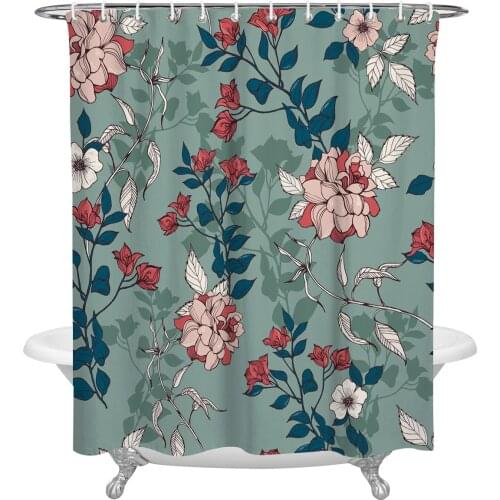 Plant Flowers Leaves Shower Curtains Bathroom Curtain Waterproof Polyester Frabic Bathroom Curtain with Hooks