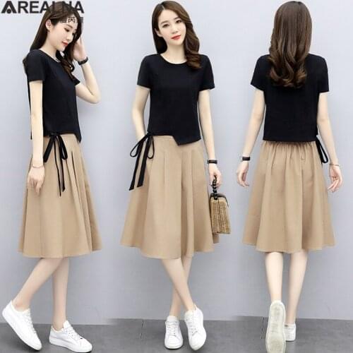 Women Summer 2 Piece Set Korean Style Cotton Linen Elegant Short Sleeve Drawstring Tops and High Waist Skirt two piece set women