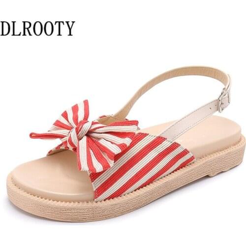 Women Sandals Flats Shoes Summer Fashion Butterfly-knot Stripe Buckle Strap Platform Peep Toe Breathable Casual Female Plus Size