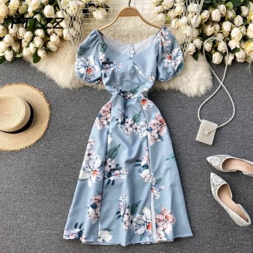 Women Elegant Office Dress Summer Sexy V Neck Sweet Puff Sleeve Vintage Floral Dresses Ladies Boho Long Robe Vestidos De Mujer