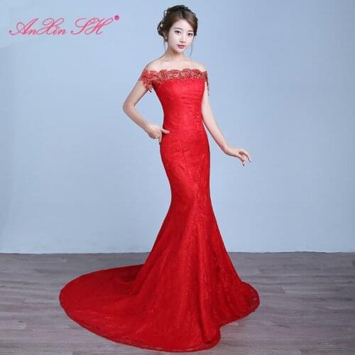 AnXin SH flower red lace mermaid wedding dress turkey princess fishtail boat neck golden red lace up trumpet wedding dress