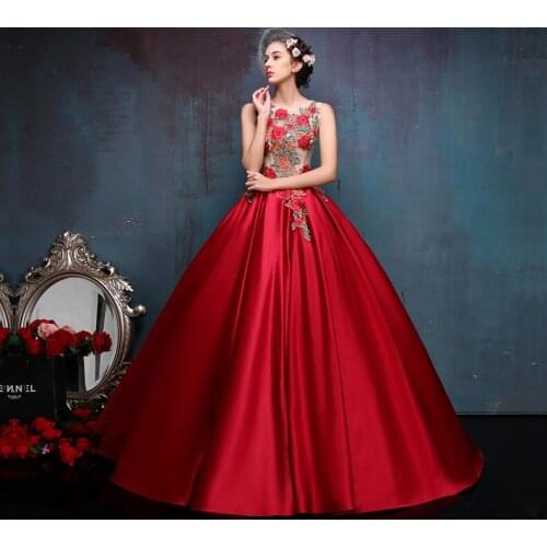 100% real red embroidery flower medieval dress Renaissance gown queen/princess Victorian Belle Ball gown