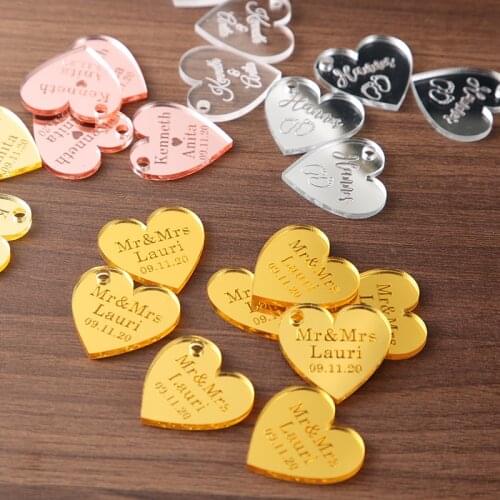 100 Pieces Personalized Wedding Table Decoration Favors Customized Party Tags Engraved Baby Baptism Hangs Love Heart