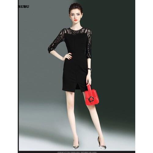 2017 autumn outfit, new Europe and the United States womens five points, sleeve lace stitching, hollow dress