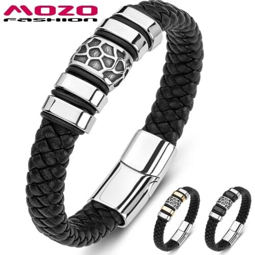 2020 New Classic Men Cuff Bracelet Braided Stainless Steel Punk Genuine Leather Bangle Women Jewelry