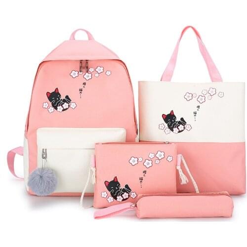 4Pcs/set Cat Printing Canvas Cute School Bag For Teenagers Girls Student High Quality Women School Backpacks Female Book Bags