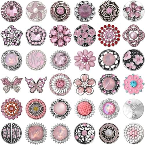6pcs/lot New Snap Jewelry 18mm Pink Rhinestone Crystal Snap Button Metal Snaps Fit Leather Snap Bracelet Charms Bangle