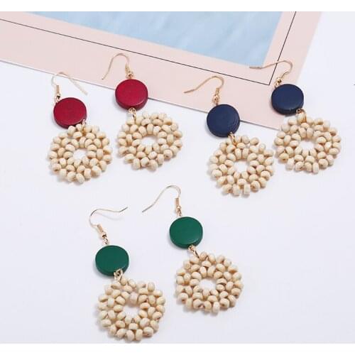 Bohemian Ethnic Exquisite Womens Tassel Beaded Pendant Earrings Jewelry Popular Wood Bead Weave Cutout Round Teardrop Earrings