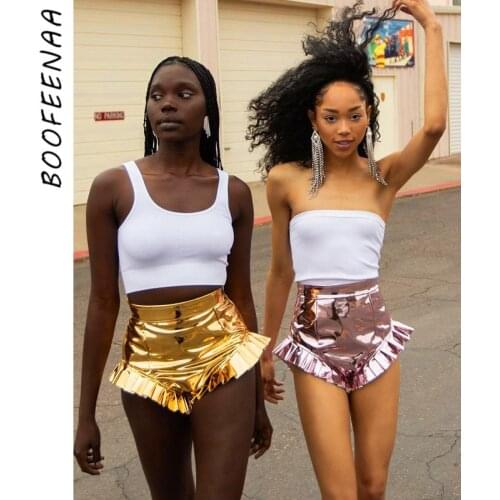 BOOFEENAA Metallic PU Leather Retro Mini Shorts Sexy Streetwear Women Clothing High Wiasted Ruffle Hem Booty Shorts C85-BG13