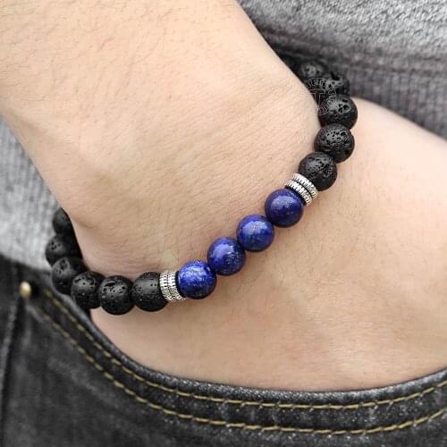 Stainless Steel X Charm Bracelet for Men Women Lapis Lazuli Black Lava Elastic Chain Beaded Bracelets Male Jewelry 8mm DDBM44