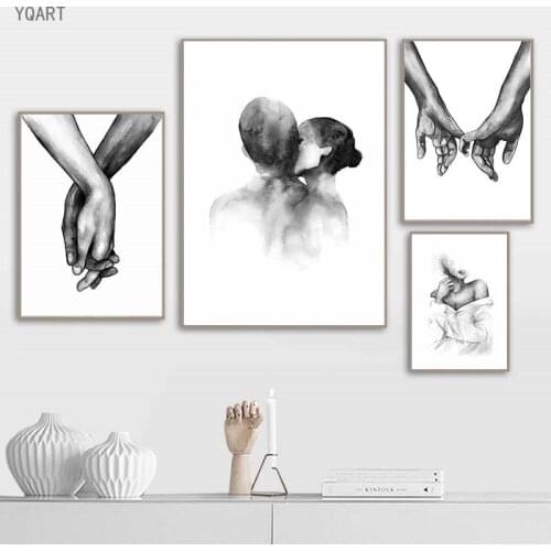 Black White Romantic Couple Hand In Hand Canvas Paintings Abstract Kissing Lover Wall Art Poster Print Pictures for Home Decor