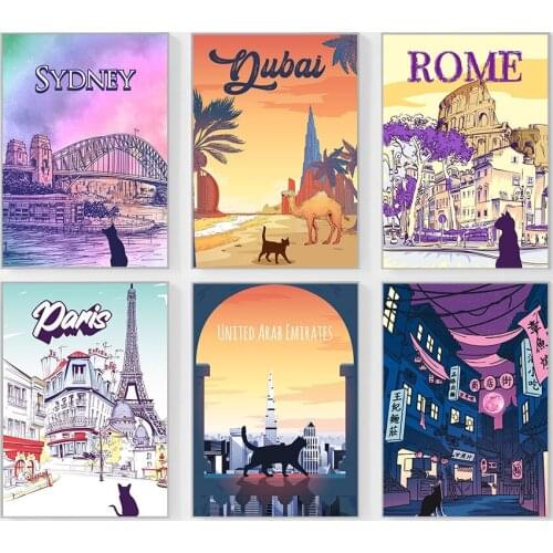 Black Cat Famous City Travel Poster Parise Rome Sydney Tokyo Landscape Canvas Painting Wall Art Pictures For Living Room Decor