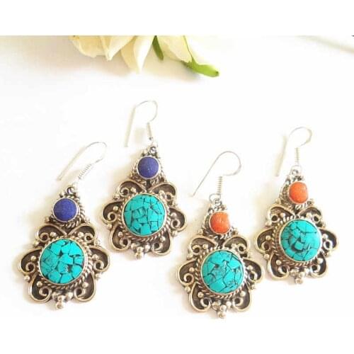 E066 Indian Vintage Colorful Handmade Earrings Copper Inlaid Stone Lovely Flower Multi Colors