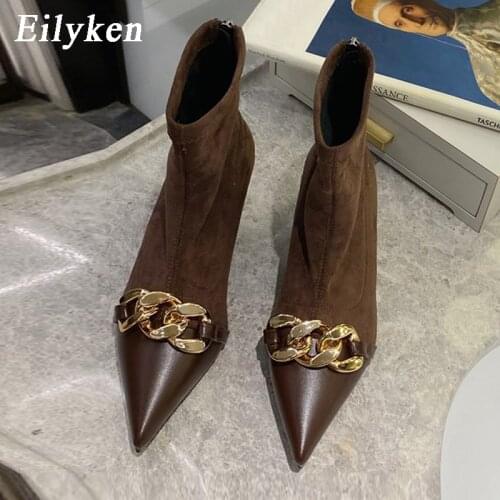 Eilyken New Style Pointed Toe Three Ring Buckle Metal Decoration Mid Thin Heel Zip Flock Brown Fashion Winter Women Modern Boots