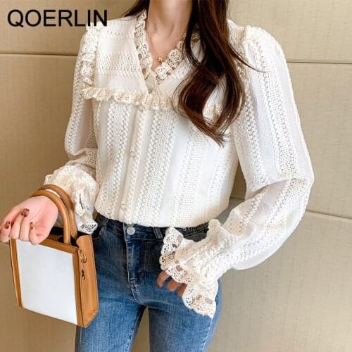 QOERLIN Elegant Office Ladies Lace Shirts Women Sexy Hollow Out Chic Fashion Button Blouse Flare Sleeve Chiffon Shirts Tops S-XL
