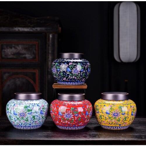 Enamel Color Flower Tea Cans with Alloy Lids Kitchen Sealed Storage Jars Candy Coffee Beans Food Storage Jars Home Decoration