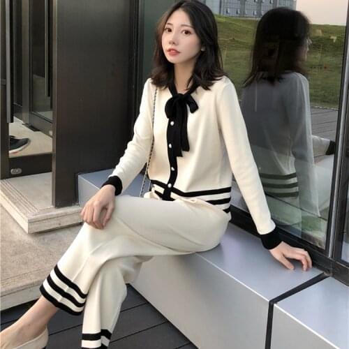 French small bump color with bowknot cardigan knitting two-piece women spring wide-legged pants royal elder sister suit