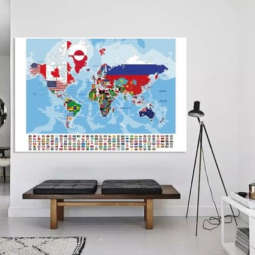 225*150cm The World Map Creative Map with National Flags Decorative Poster Non-woven Canvas Painting Home Decor School Supplies