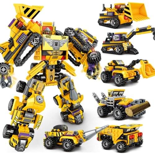 6 In 1 City Transformation Robot Mecha Block Set DIY 587Pcs Engineering vehicle Crane Dump Truck Building Bricks Toy For Kids