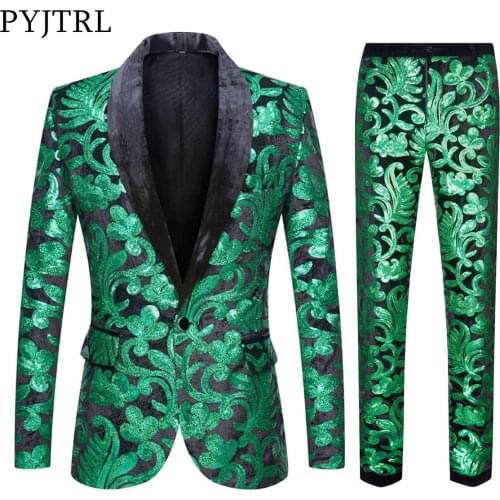 PYJTRL Men Stylish Green Blazers Two Pics Suits With Pants Sequins Velvet Floral Shiny Suit Jacket Wedding Prom Singers Slim Cos
