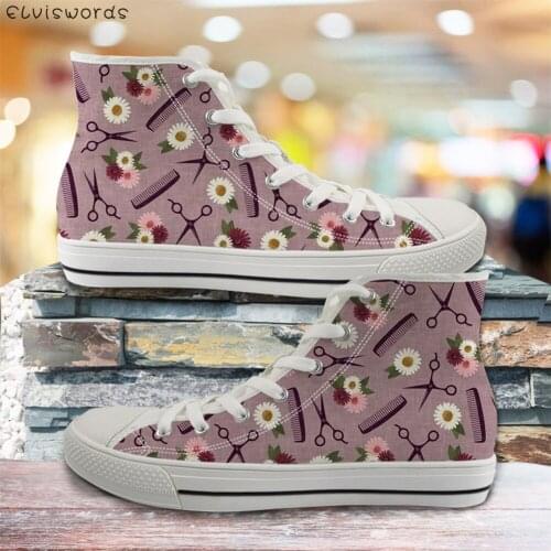 ELVISWORDS Casual Lace Up Sneakers for Ladies Barber Tools Brand Designer Classic High Top Canvas Footwear Vulcanized Flat Shoes