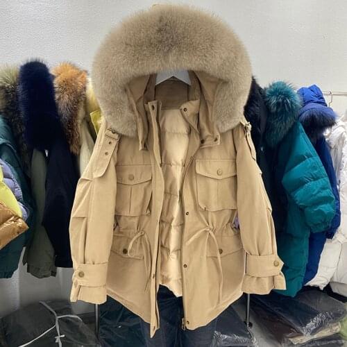 FTLZZ Winter Women 90% White Duck Down Coat Large Natural Fur Hooded Parka Jacket Loose Pockets Thick Snow Outerwear