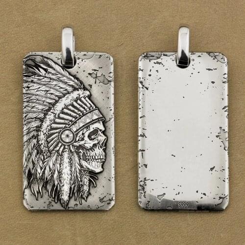LINSION Indian Chief Skull 999 Pure Silver DogTag Mens Biker Rock Punk Pendant 9X022N