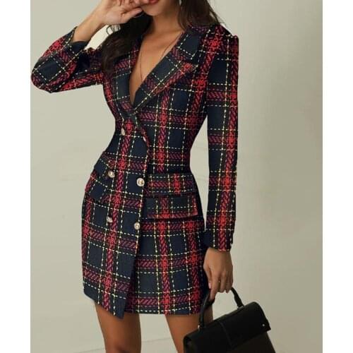 Fashion Women Office Lady Clothes Autumn Winter Warm OL Mini Dress Elegant Long Sleeve Ladies Plaid Blazer Dress Streetwear