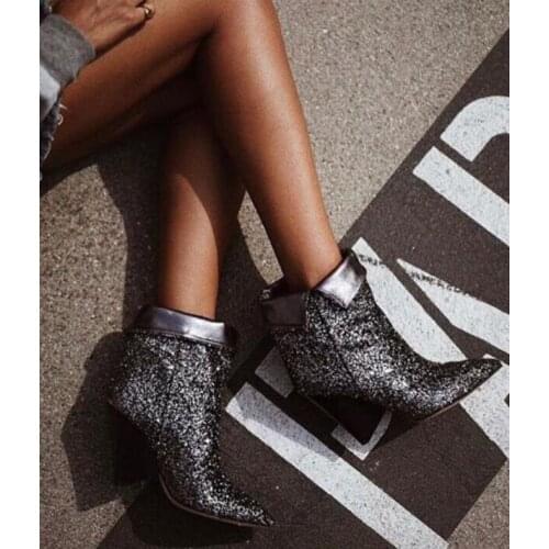 Spring New Bling Dark Silver Glitter Women Ankle Boots Sexy Pointy Toe Ladies Finger Heel Boots Slip On Fashion Fold Boots