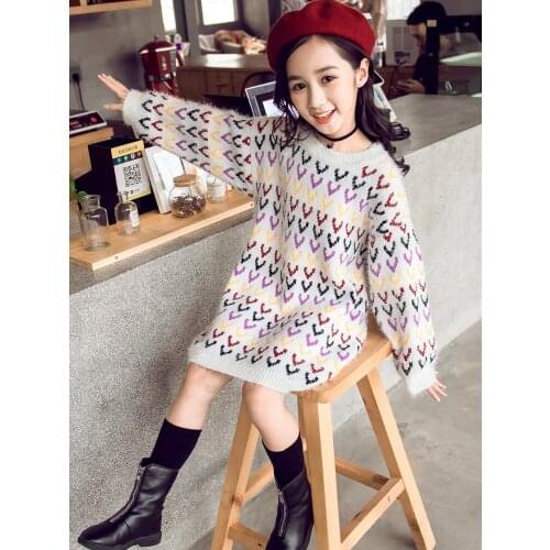 New Arrival Girls Long Knitted Pullovers Childrens Fashion Printing Sweaters Fall Winter Kids Loose Knitting Dress Knitwear B65