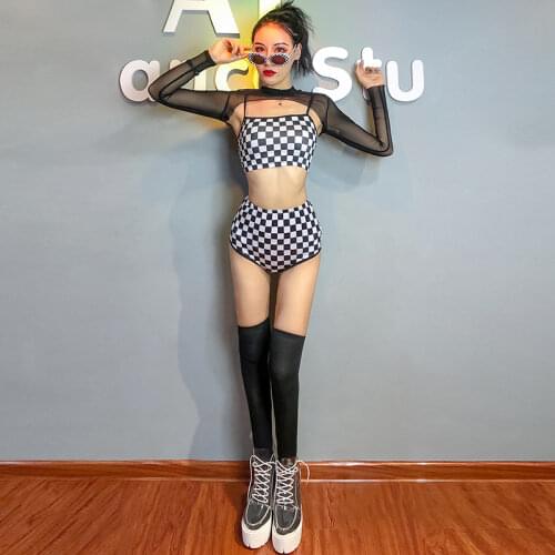 New Bar DJ Female Gogo Dancer Costumes Nightclub Female Singer Black Mesh Tops Plaid Vest Shorts Festival Rave Outfits DWY4943