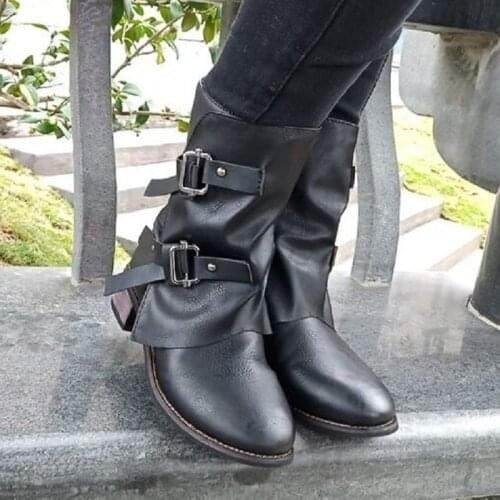 2020 kadın ayakkabı motosiklet botları sonbahar platformu düşük kare topuk yuvarlak ayak bileği toka el yapımı dikiş Punk serin