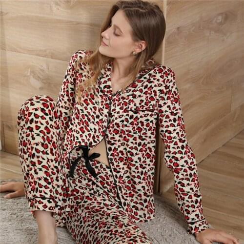 JULYS SONG Viscose Leopard Pajamas Set 2 Pieces Woman Pajamas Female Spring Summer Sleepwear Pyjamas Suit Homewear Lounge Wear
