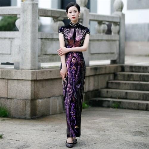 Luxury Gorgeous Women Sequins Velour Qipao Retro Chinese Traditional Cheongsam Slim Bodycon Evening Party Dress Plus Size 5XL