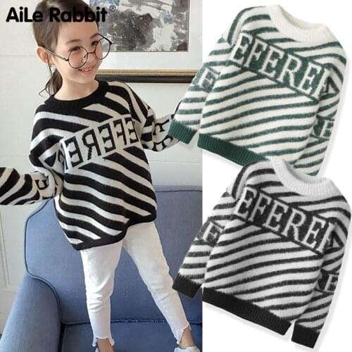 2019 Spring Winter Warm Water Velvet Knit Top New Childrens Sweater Boys And Girls Fashion Long-sleeved Letter Striped Shirt