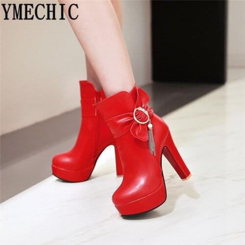 YMECHIC Red White Black Party Wedding Ladies Shoes High Heels Platform Butterfly-knot Platform Chain Womens Ankle Boots Footwear