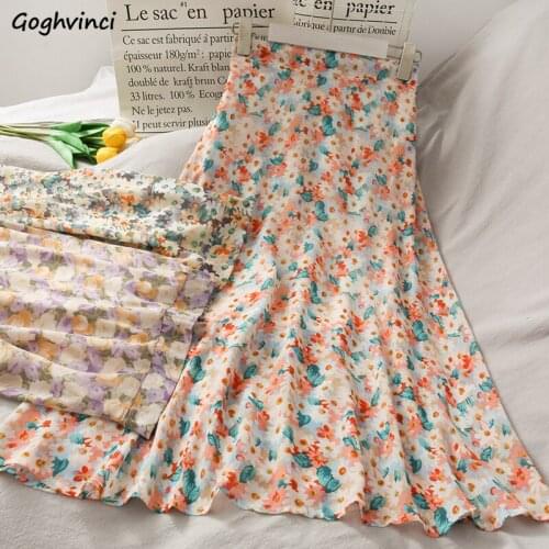 Women Floral Skirts Fairy A-line Mid-calf Slim Sweet Girl Chiffon Skirt Elegant Korean Style Casual All-match Student Streetwear