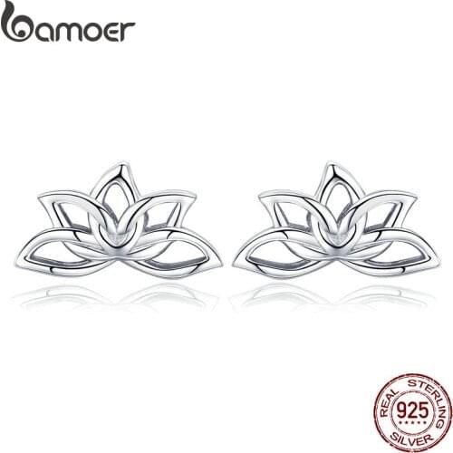 BAMOER New Arrival 925 Sterling Silver Lotus Flower Stud Earrings for Women Elegant Lotus Earrings Silver Jewelry BSE024