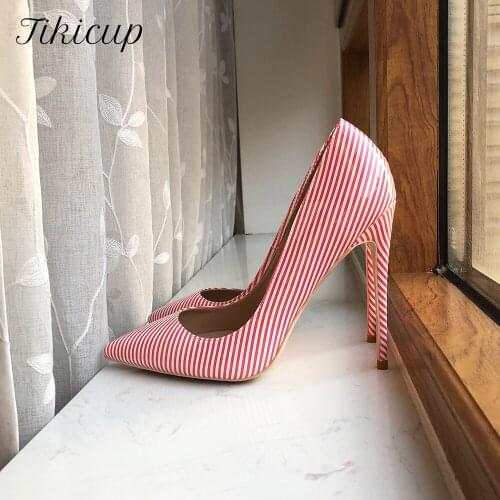 Tikicup Pink Striped Printed Women Stiletto Extemely High Heels Ladies Chic Dress Shoes Slip on Pointed Toe Pumps Size 33-45
