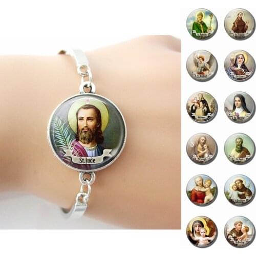 St Michael Clare Francis Religion Virgin Mary Christian Bracelet Glass Cabochon Jewelry Women Bangle Accessories Gift