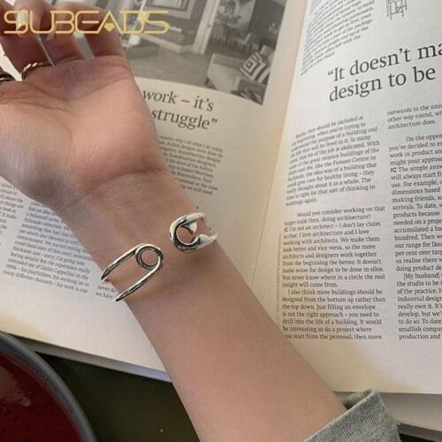 Subeads 925 Sterling Silver Vintage Pin Open Bangle For Women Girls Adjustable Paper Clip Bracelet Fine Jewelry Gifts