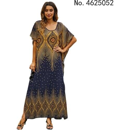 Middle East Abaya Dubai Muslim Robe Women O-Neck Bat Sleeve Elegant Holiday Loose Print Long Dress