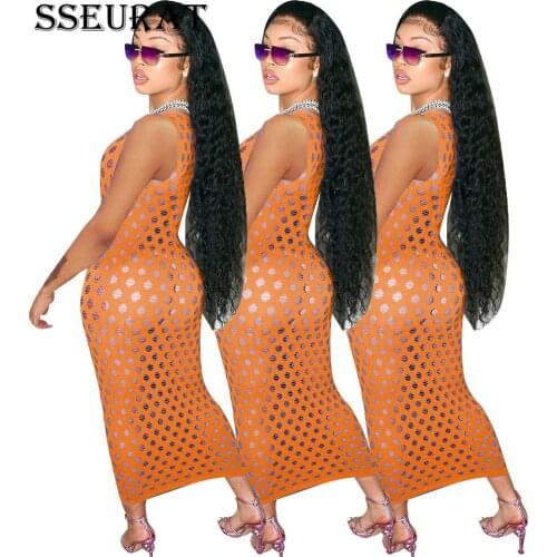 SSEURAT Women Dress Solid Hole Sleeveless Sheath Elastic Long Maxi Dresses Sexy Night Club Party Outfit 2021
